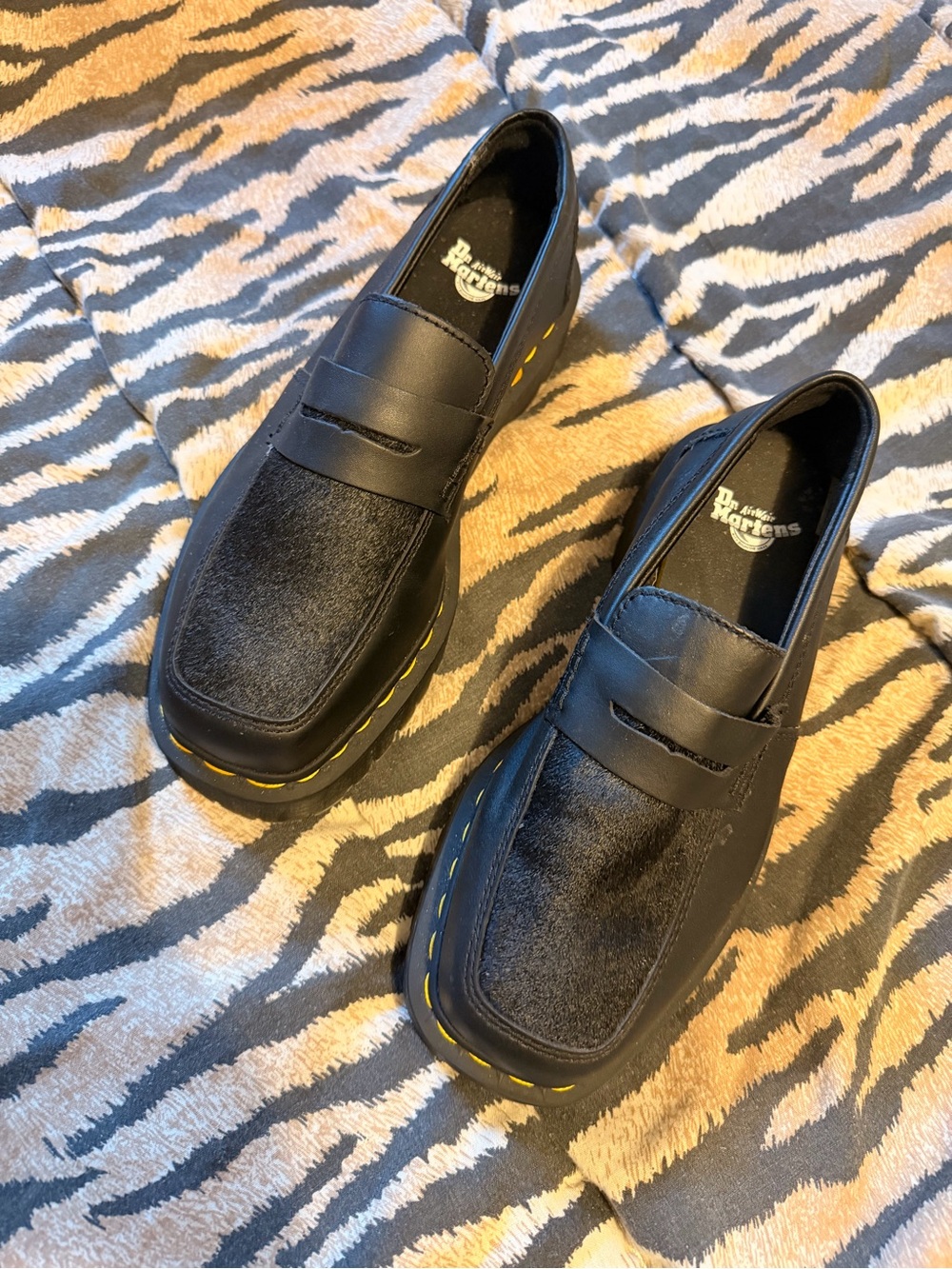 Dr. Martens Black Leather Penny Loafers with Yellow Stitching